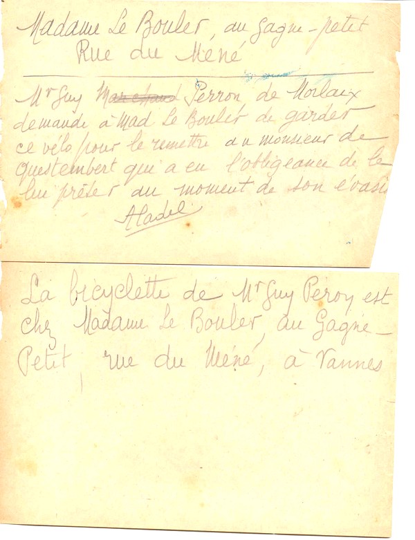 Note d'Anna Cadel pour restituer la bicyclette empruntée par Guy Péron à Questembert pendant sa fuite