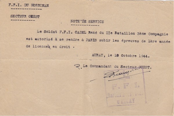 Autorisation de congé pour examen du soldat FFI René Cadel (IIe bataillon, 3e compagnie. FFi du Morbihan Secteur Ouest)