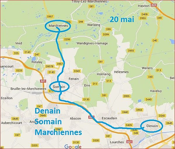 Itinéraire de Denain à Marchiennes le 20 mai 1940
