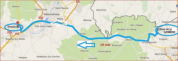 Itinéraire Bois de la Lanière-Denain 19 mai 1940