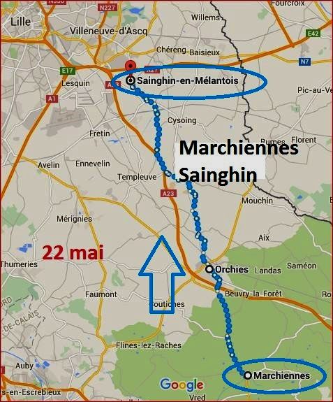 Itinéraire du 22 mai 1940 entre Marchiennes et Sainghain-en-Mélantois