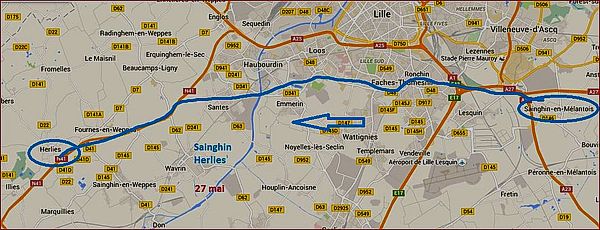Itinéraire de Sainghin à Herlies le 27 mai 1940